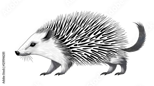 Obraz na płótnie Detailed line engraving of a porcupine with its quills raised depicted in a bold high contrast black and white style against a plain white background The showcases the animal s spiny w salonie