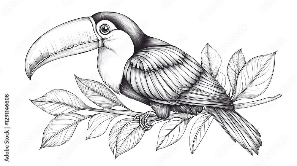 Detailed monochrome of a vibrant toucan bird perched on a lush tropical branch created with a stippled ink technique that enhances the textural details of the feathers