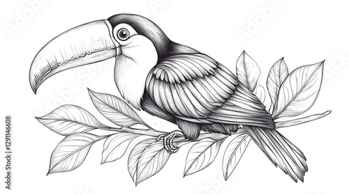 Obraz na płótnie Detailed monochrome of a vibrant toucan bird perched on a lush tropical branch created with a stippled ink technique that enhances the textural details of the feathers w salonie