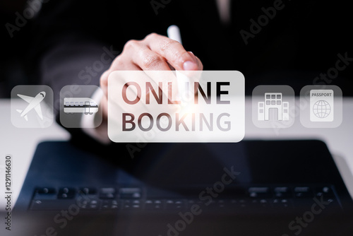 Wallpaper Mural Businessman online booking laptop smartphone digital cyberspace travel technology concept Torontodigital.ca