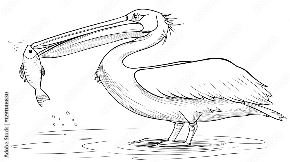 Detailed of a pelican catching a fish rendered in a traditional woodcut style with high contrast and expressive lines