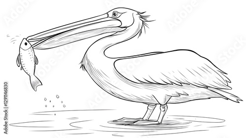 Obraz na płótnie Detailed of a pelican catching a fish rendered in a traditional woodcut style with high contrast and expressive lines w salonie