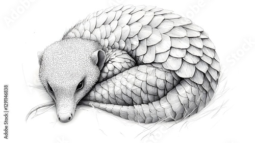Obraz na płótnie Detailed of a Pangolin Curled into a Defensive Ball with Precisely Stippled Scales Emphasizing the Textural Pattern of its Protective Armor w salonie