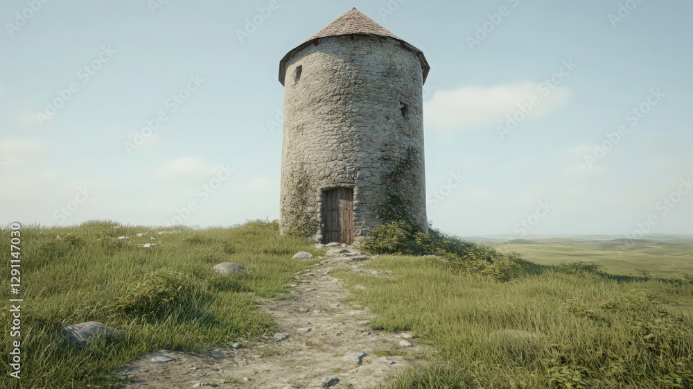 Stone Tower on Grassy Hill Under Bright Sky Stone Tower on Grassy Hill Under Bright Sky