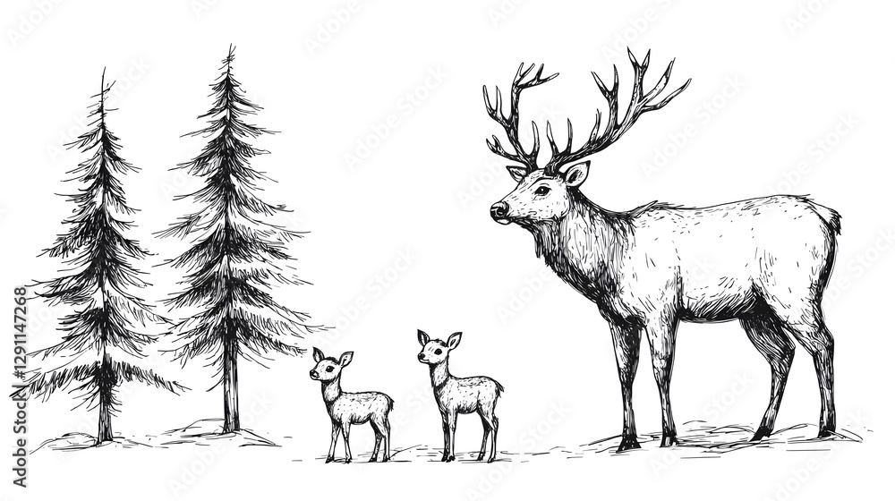 Detailed Pen and Ink of a Family of Deer Standing in a Serene Forest Clearing with Fur Textures and Naturalistic Style