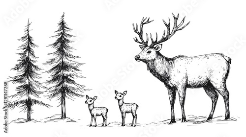 Obraz na płótnie Detailed Pen and Ink of a Family of Deer Standing in a Serene Forest Clearing with Fur Textures and Naturalistic Style w salonie