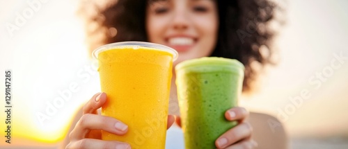 woman Holding healthy Smoothies outside at Sunset