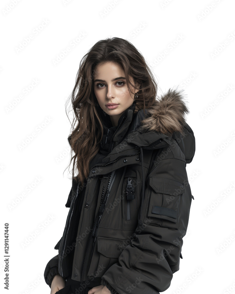 Young woman in stylish winter jacket with fur hood, showcasing modern fashion for cold weather and outdoor activities Young woman in stylish winter jacket with fur hood, showcasing modern fashion for cold weather and outdoor activities