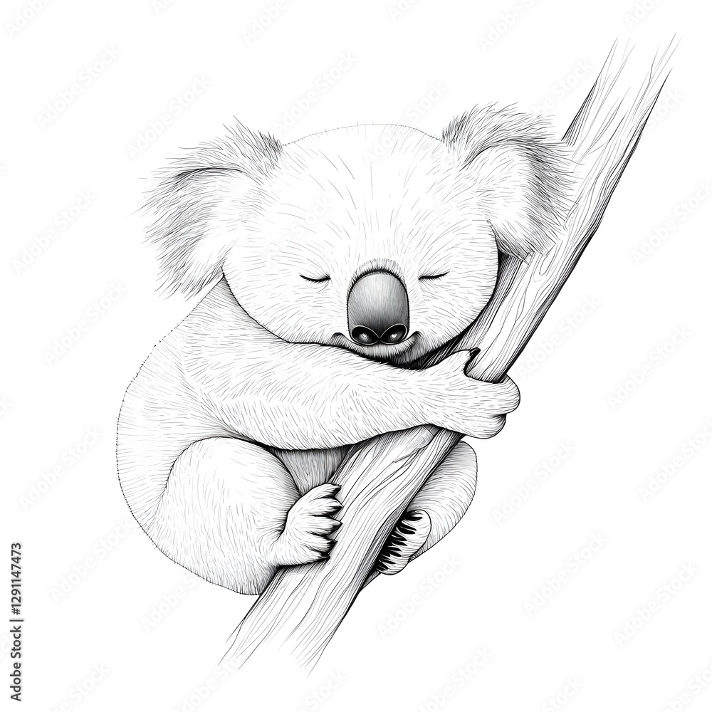 Detailed Soft and Delicate Fine Line Engraved of a Koala Clinging to a Eucalyptus Branch in a Peaceful Tranquil Nature Scene