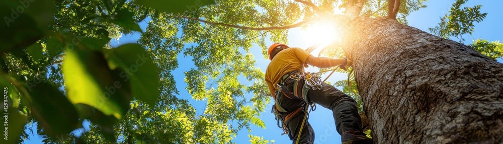 A person climbing a tree, surrounded by lush green leaves and sunlight shining through. A person climbing a tree, surrounded by lush green leaves and sunlight shining through.