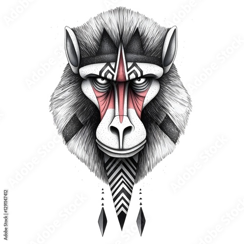 Obraz na płótnie Detailed portrait of a mandrill primate with intense vivid facial markings and patterns created using a precise ink stippling technique to enhance the bold w salonie