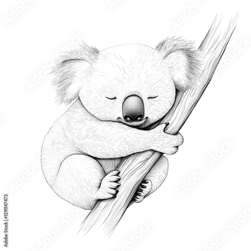 Obraz na płótnie Detailed Soft and Delicate Fine Line Engraved of a Koala Clinging to a Eucalyptus Branch in a Peaceful Tranquil Nature Scene w salonie
