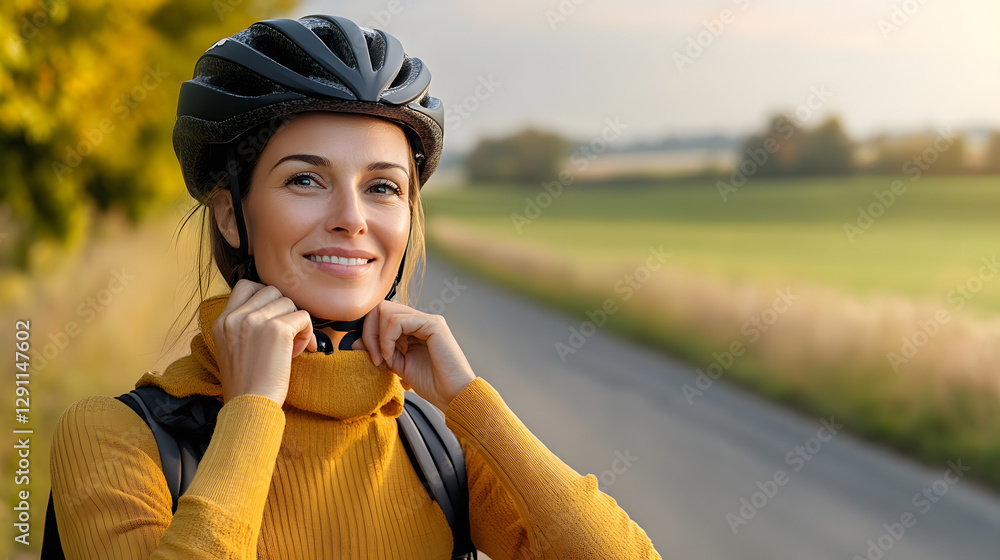 A woman stands next to her bicycle, smiling happily on a sunny day in the fields. A woman stands next to her bicycle, smiling happily on a sunny day in the fields.