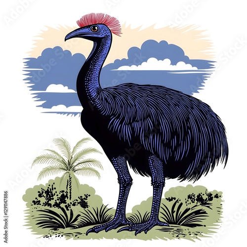 Obraz na płótnie Detailed Stippling of a Majestic Cassowary Bird Standing Tall in a Lush Tropical Forest Environment Emphasizing its Prehistoric and Powerful Appearance w salonie