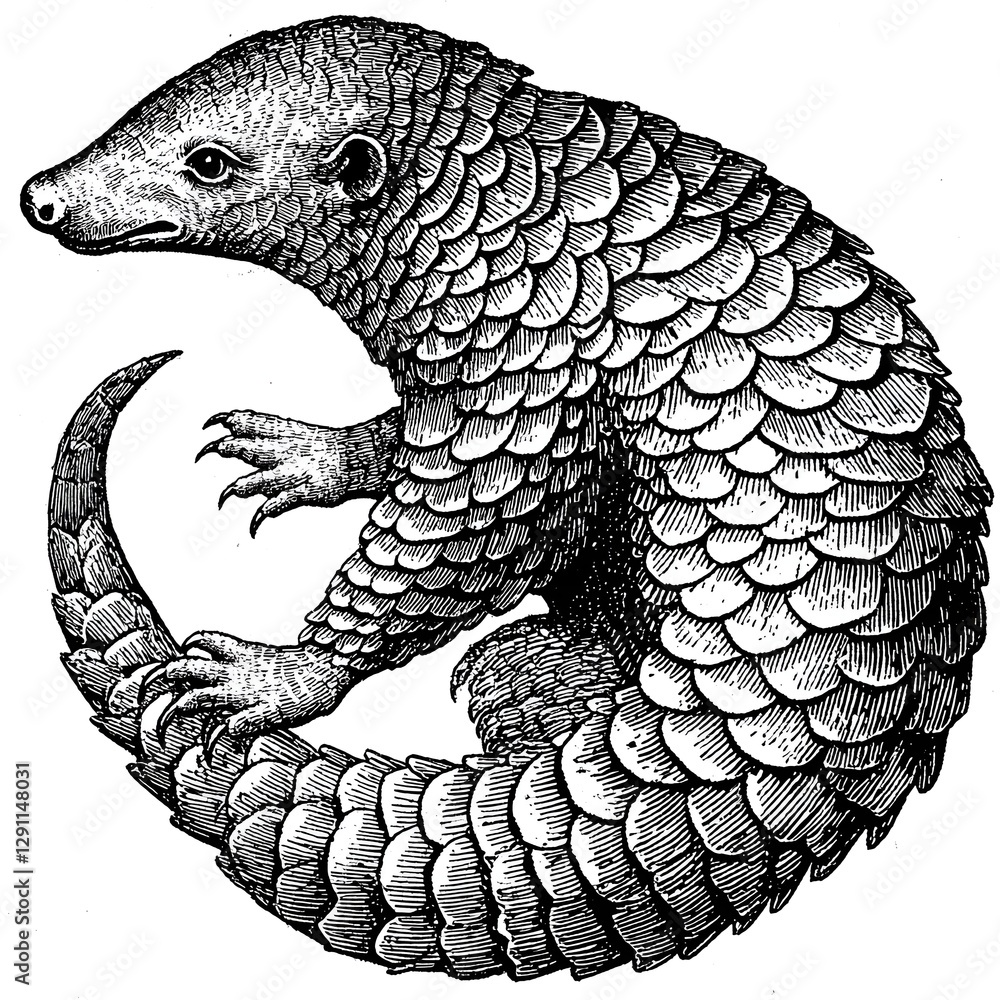 Detailed stippling of a pangolin curled into a defensive ball showcasing the intricate texture and pattern of its overlapping scales