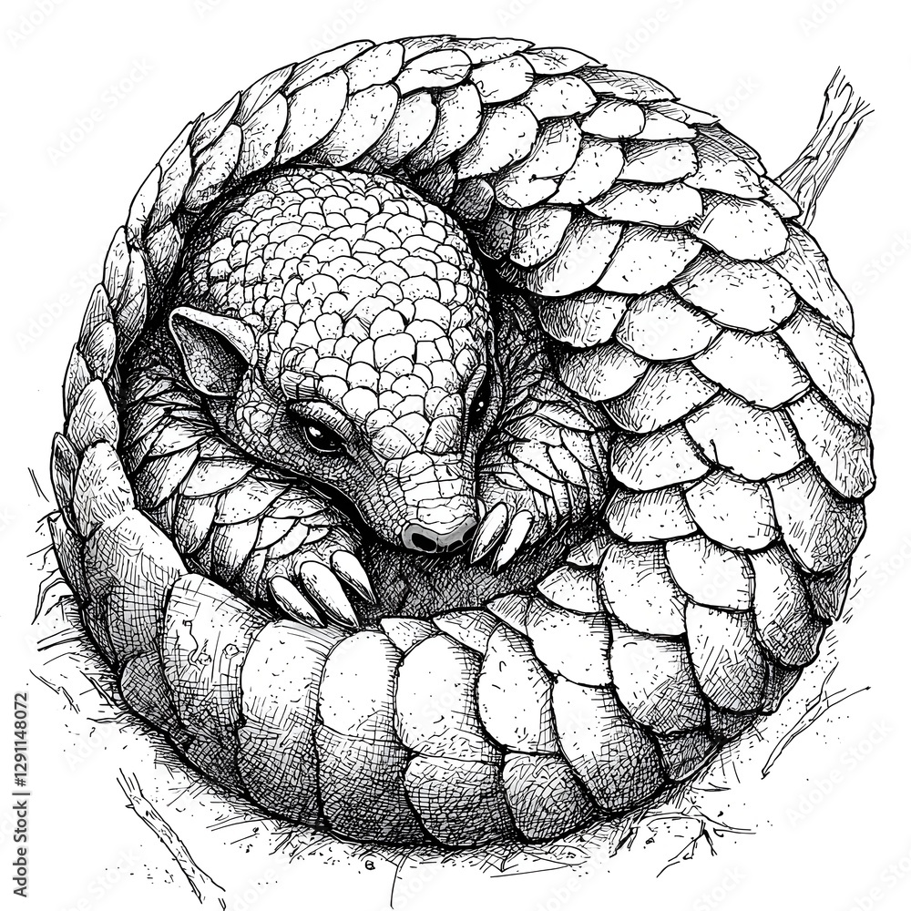 Detailed Stippling of a Pangolin Curled into a Tight Defensive Ball Showcasing the Intricate Texture and Pattern of its Protective Armor like Scales