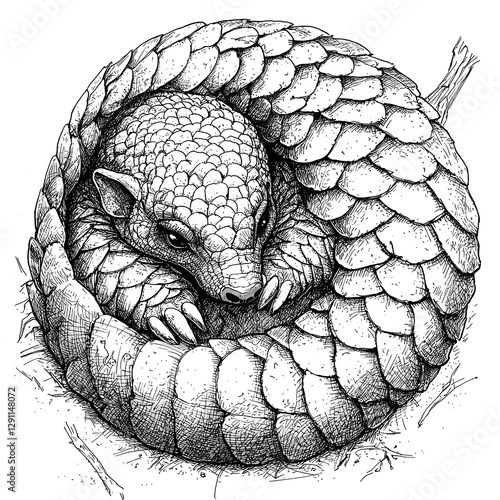 Obraz na płótnie Detailed Stippling of a Pangolin Curled into a Tight Defensive Ball Showcasing the Intricate Texture and Pattern of its Protective Armor like Scales w salonie