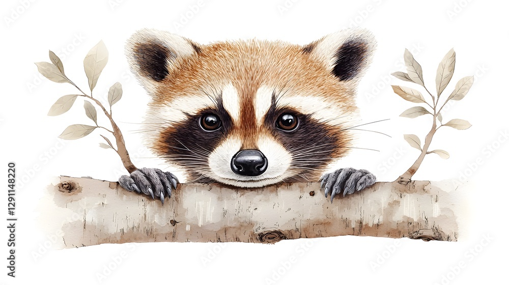 Detailed vintage etching style of a curious raccoon peeking out from the hollow of a tree trunk in a natural woodland environment