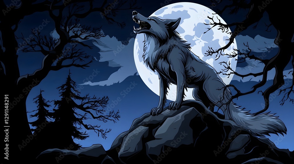 Detailed woodcut print of a howling coyote silhouetted against a full moon in a dark forested landscape The image has a haunting supernatural and gothic atmosphere with a sense of primal