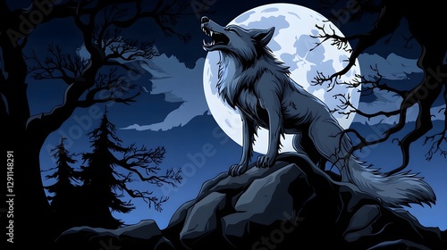 Obraz na płótnie Detailed woodcut print of a howling coyote silhouetted against a full moon in a dark forested landscape The image has a haunting supernatural and gothic atmosphere with a sense of primal w salonie