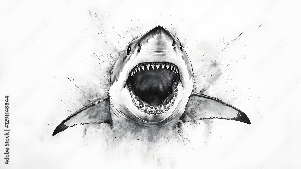 Dramatic Black and White Ink Sketch Depicting a Powerful Great White Shark Emerging from the Depths of the Ocean with Its Jaws Wide Open and Teeth Bared in a Menacing Pose