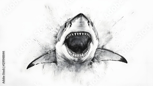 Dramatic Black and White Ink Sketch Depicting a Powerful Great White Shark Emerging from the Depths of the Ocean with Its Jaws Wide Open and Teeth Bared in a Menacing Pose