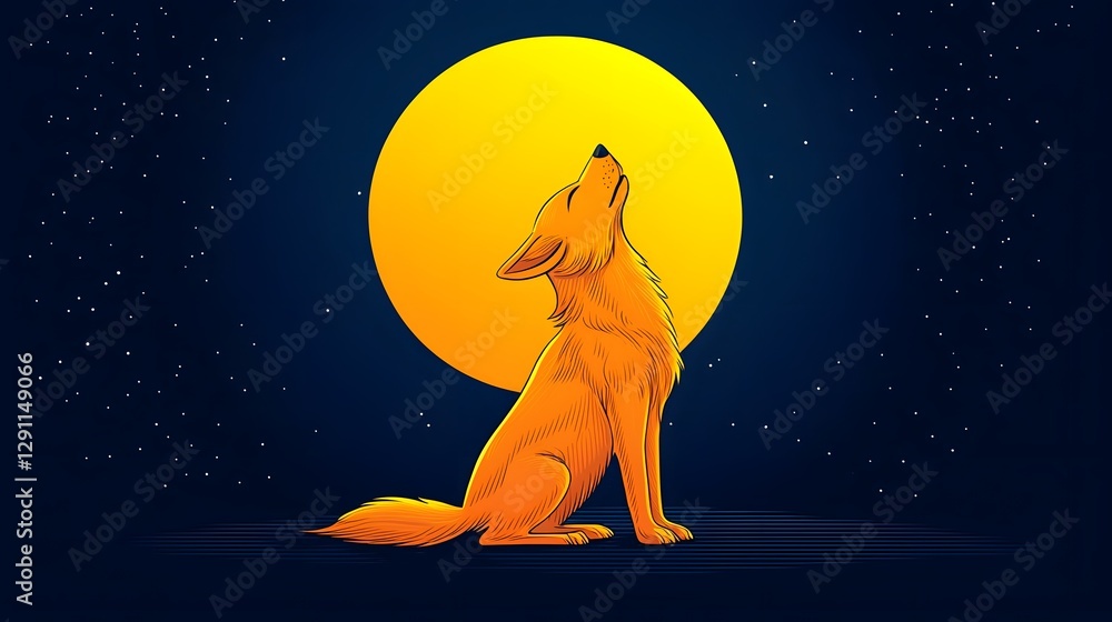 Dramatic depicting a howling coyote silhouetted against the backdrop of a glowing full moon in a starry night sky
