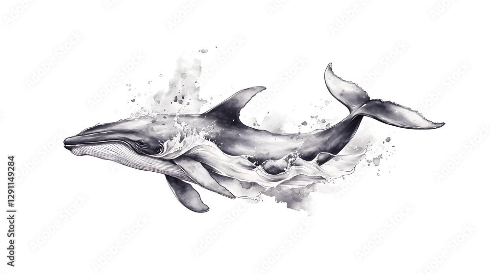 Dramatic image of a whale breaching the ocean surface rendered in a high contrast ink line style with expressive wave textures creating a powerful atmospheric and abstract visual