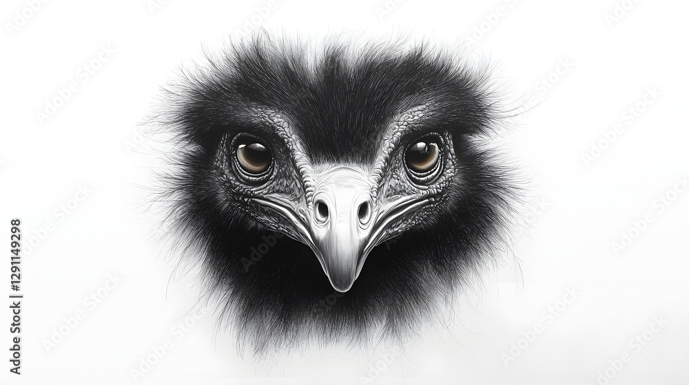 Dramatic high contrast ink drawing portrait of a powerful prehistoric looking cassowary bird The cassowary s intense gaze and formidable beak are the focal point of this captivating monochrome