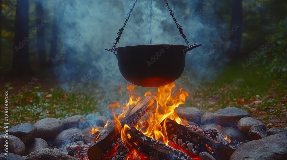 Cooking pot hanging over campfire in forest Cooking pot hanging over campfire in forest