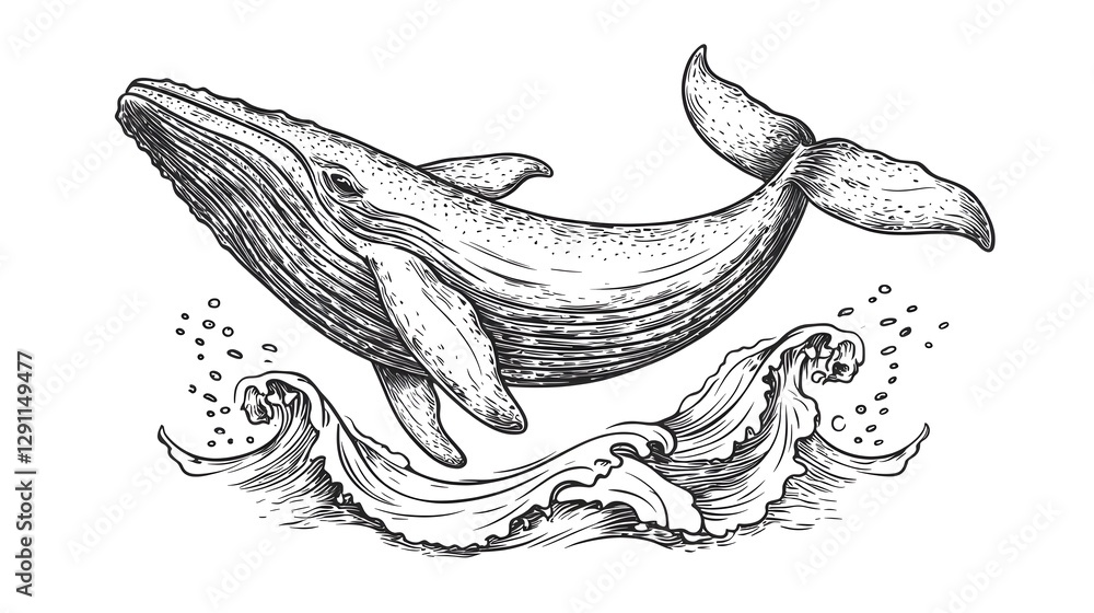 Dramatic ink drawn of a whale breaching the ocean surface with dynamic wave textures and high contrast lines capturing the energy and power of the marine mammal s leap from the water