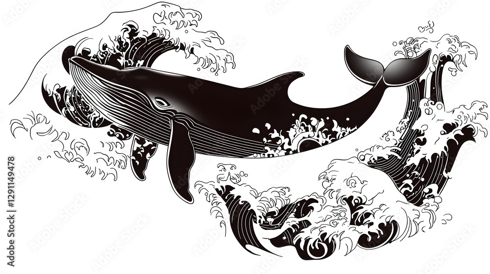 Dramatic ink line drawing of a whale breaching the ocean surface with powerful waves and splashing water textures in a high contrast black and white style