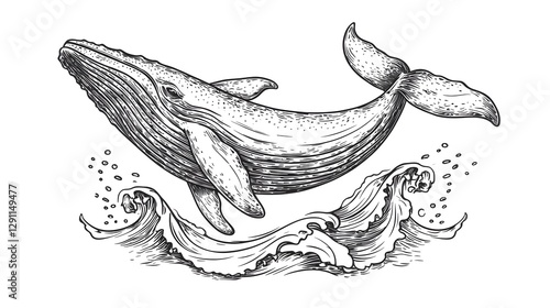 Obraz na płótnie Dramatic ink drawn of a whale breaching the ocean surface with dynamic wave textures and high contrast lines capturing the energy and power of the marine mammal s leap from the water w salonie
