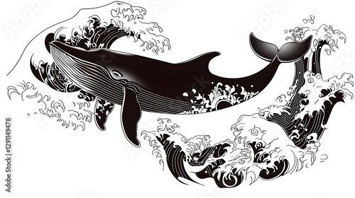 Obraz na płótnie Dramatic ink line drawing of a whale breaching the ocean surface with powerful waves and splashing water textures in a high contrast black and white style w salonie