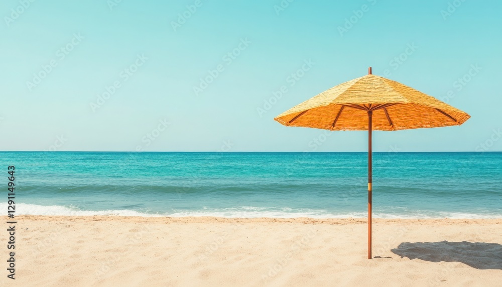 A serene beach scene featuring a straw umbrella beside calm turquoise waters, perfect for relaxation and summer vibes. A serene beach scene featuring a straw umbrella beside calm turquoise waters, perfect for relaxation and summer vibes.