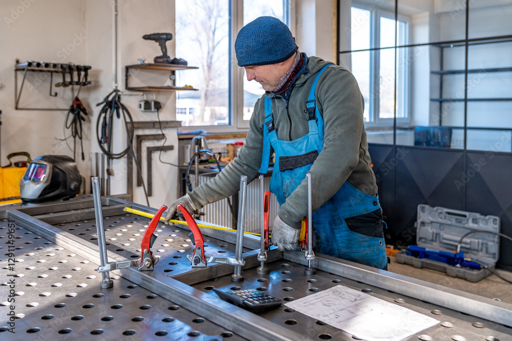 Metalworker measuring and clamping metal frame on welding table in workshop Metalworker measuring and clamping metal frame on welding table in workshop