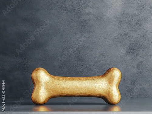 A shiny golden dog bone placed on a textured surface, perfect for pet-related themes or advertising. photo