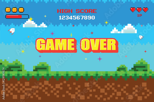 game over, players. pixel game background, natural landscape with blue sky, trees and green grass. Pixelated 8 bit video-game. Arcade interface with golden cup and stars. Computer game victory.