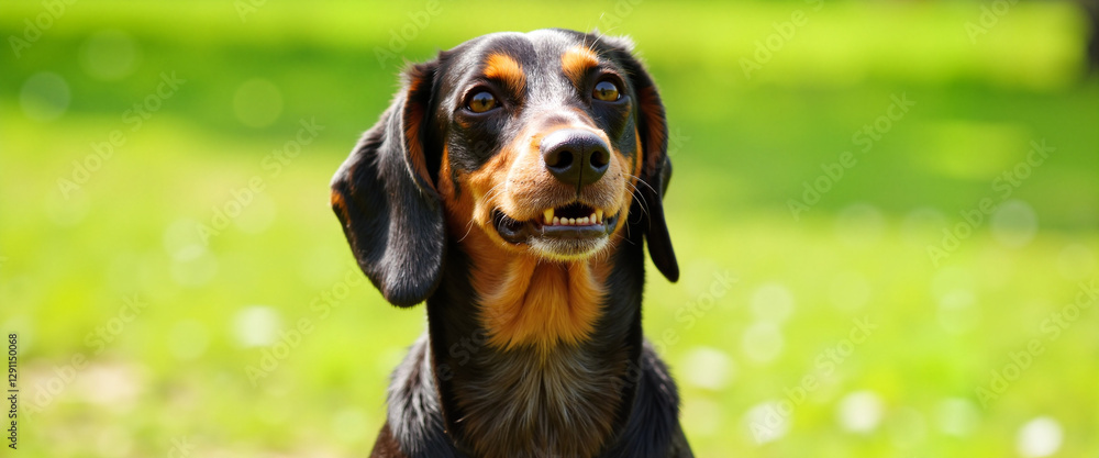Curious black and tan dachshund poses in sunny park, joyful moment Curious black and tan dachshund poses in sunny park, joyful moment