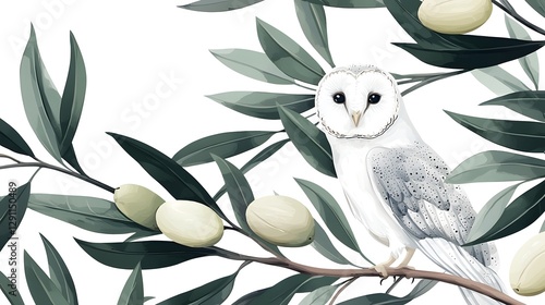 Elegant barn owl perched gracefully on a tree branch its feathers and plumage meticulously illustrated in a vintage botanical style with a minimalist monochromatic color palette