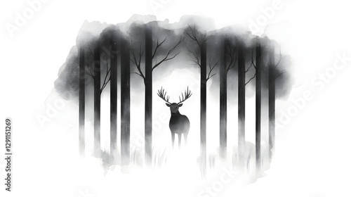 Ethereal Moose in Misty Forest   Detailed Ink of Regal Wildlife Silhouetted in a Serene Atmospheric Landscape