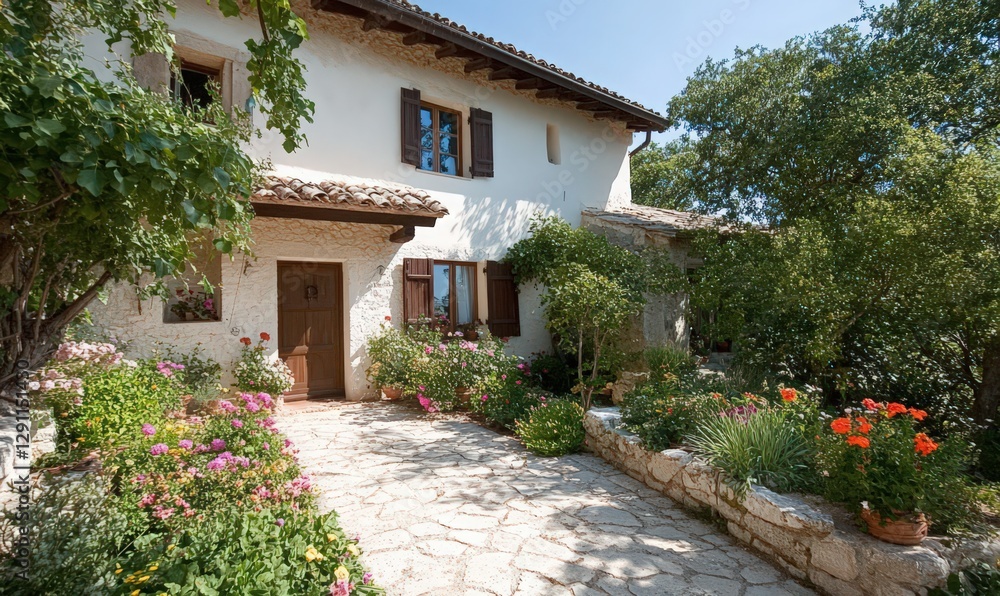 Fototapeta premium White Stone House with Lush Garden and Flowerbeds on a Sunny Day