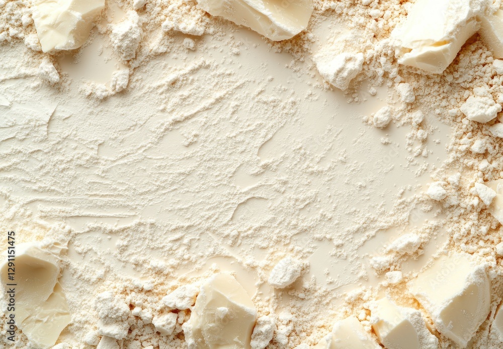 Creamy butter pieces on a bed of fine flour creating a textured background for culinary or baking themed projects and food photography Creamy butter pieces on a bed of fine flour creating a textured background for culinary or baking themed projects and food photography