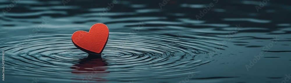 Fototapeta premium A red heart floating on water, symbolizing love and serenity in a calm environment.