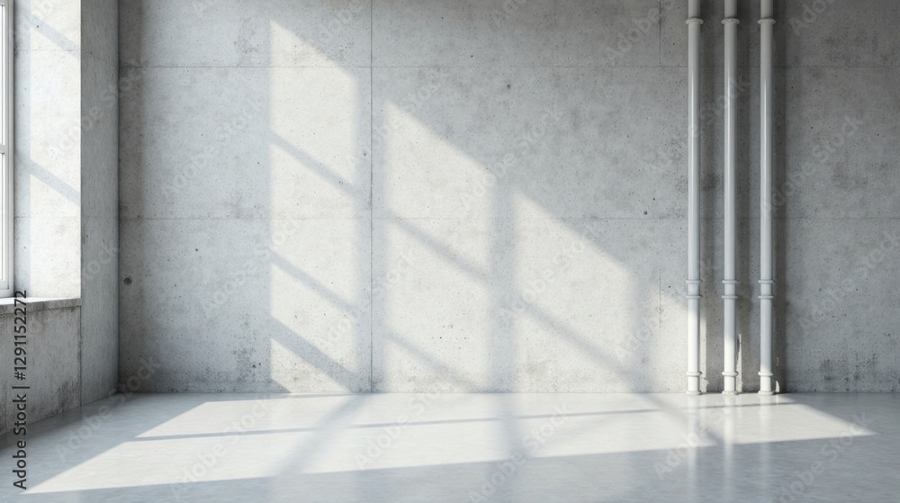 Obraz premium Sunlit Industrial Interior Space with Polished Concrete Floor and White Pipes