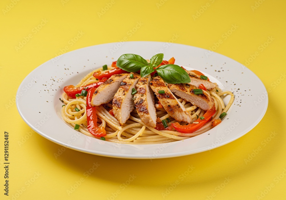 Sizzling Grilled Chicken Pasta on a Vibrant Yellow Backdrop Sizzling Grilled Chicken Pasta on a Vibrant Yellow Backdrop