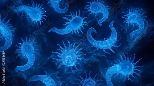 Holographic display showcasing different types of bacilli bacteria glowing softly in a medical research laboratory setting