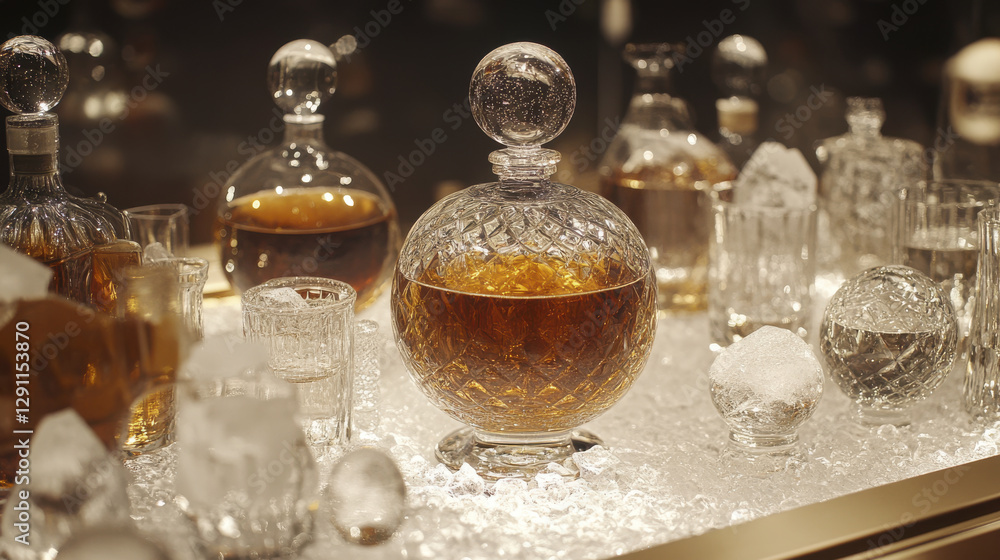 Luxurious whiskey collection displayed in crystal glassware, showcasing rich amber liquid and elegant decanters. perfect setting for connoisseurs and celebrations Luxurious whiskey collection displayed in crystal glassware, showcasing rich amber liquid and elegant decanters. perfect setting for connoisseurs and celebrations