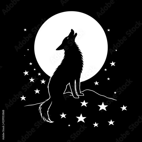 Howling coyote silhouette against a minimalist black and white night sky with stars  Drawn in a stencil style this graphic has a desert landscape feel with a moody atmospheric photo