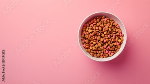 Close-up view of a bowl filled with dry dog food ready for feeding a beloved pet at home with natural ingredients